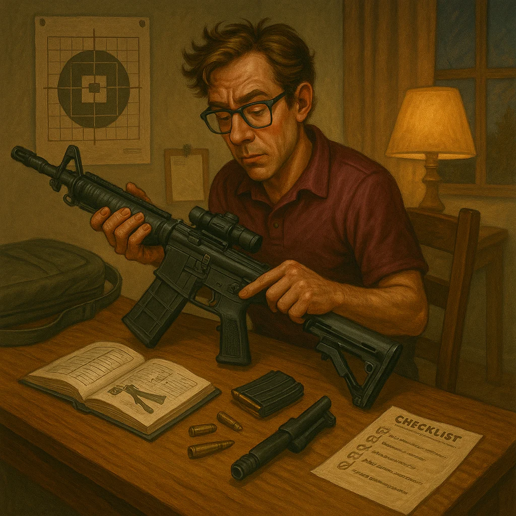New Shooter Prepares at home for his inaugural range shooting session.